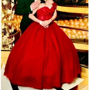 STRAPLESS SWEETHEART FORMAL CRIMSON COLORED BALL GOWN HANDCRAFTED